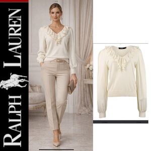Lauren Ralph Lauren Ruffle V-Neck Pullover Sweater  Winter Cream Black Label 1X